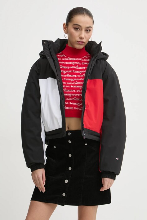 Bunda Tommy Jeans dámská, černá barva, přechodná, DW0DW20550