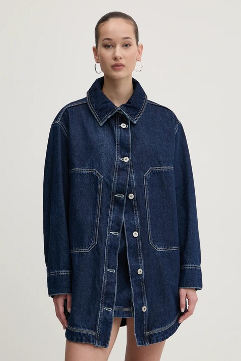 Hugo Blue camasa jeans femei, culoarea albastru marin, cu guler clasic, relaxed, 50531741
