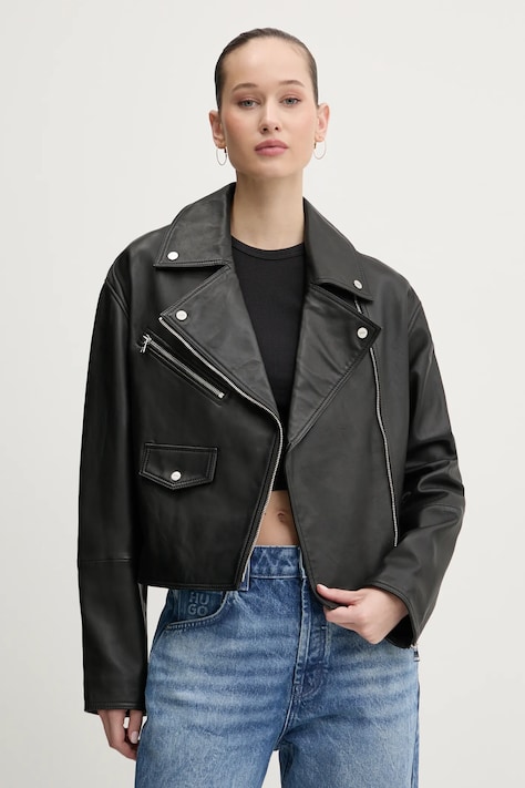 HUGO geaca ramones de piele femei, culoarea negru, de tranzitie, oversize, 50533803