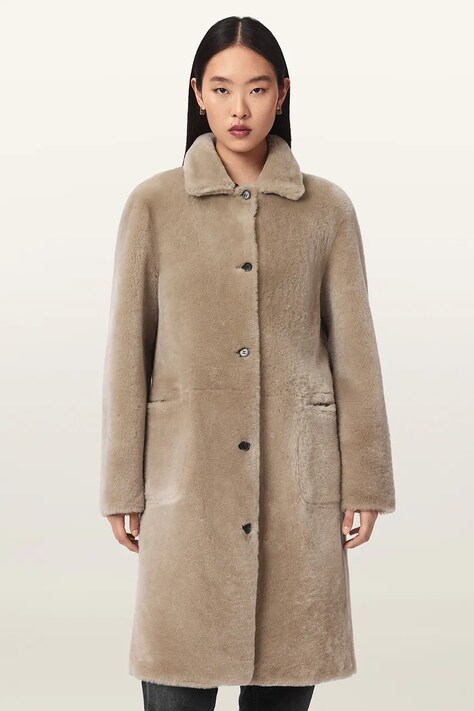 AllSaints Płaszcz damski skórzany SERRA beżowy W119LB
