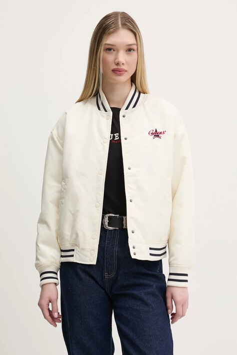 Куртка-бомбер Guess Jeans женская цвет бежевый переходная oversize W5RL43 WHAA2