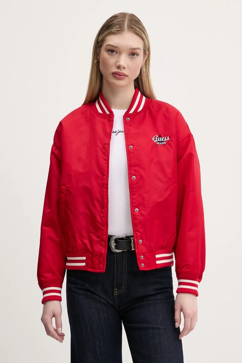 Куртка-бомбер Guess Jeans женская цвет красный переходная oversize W5RL43 WHAA2