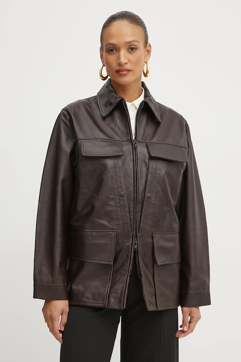 Kožená bunda Victoria Beckham dámská, hnědá barva, přechodná, 1125LJK006091A