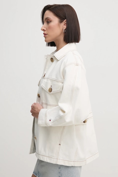 Rifľová bunda Tommy Hilfiger dámska, béžová farba, prechodná, WW0WW43728