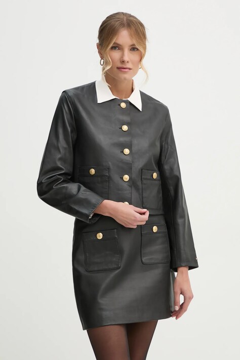 Tommy Hilfiger geacă de piele femei, culoarea negru, de tranziție, WW0WW43781