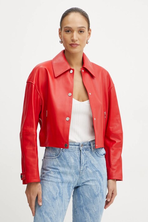 BOSS geaca de piele femei, culoarea rosu, de tranzitie, oversize, 50535759