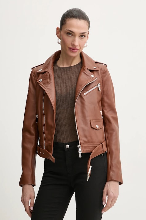 Pinko geaca ramones de piele femei, culoarea maro, de tranzitie, 103897 A21L