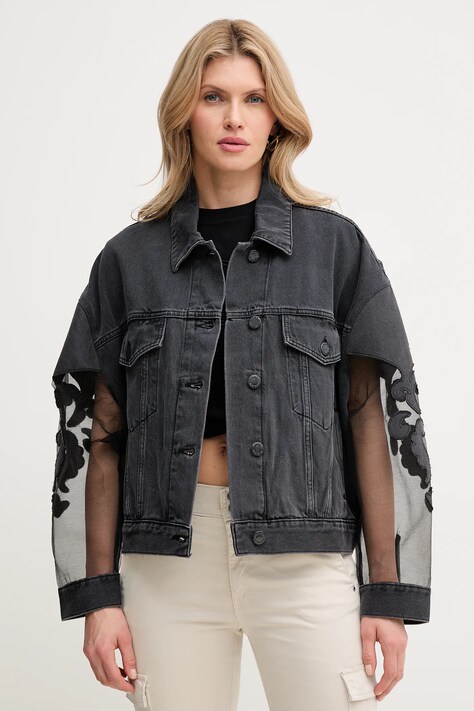 Pinko geacă din denim culoarea negru, de tranzitie, oversize, 104697 A2F4