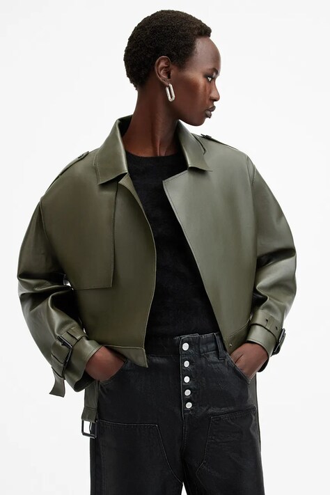 AllSaints geacă de piele OPHELIA femei, culoarea verde, de tranziție, oversize, W045LB
