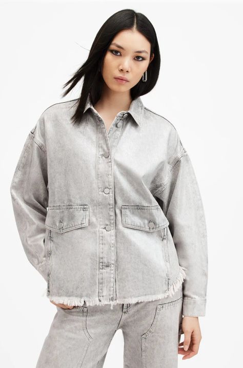 AllSaints pamut farmerdzseki HETTIE szürke, átmeneti, oversize, W106PB