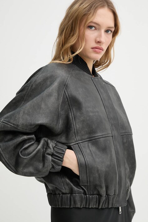 Кожено яке бомбър AERON KELLY в черно преходен модел JK125554