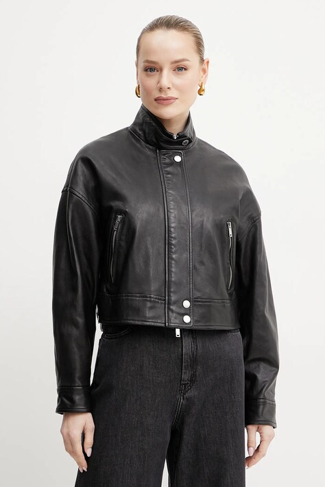 Kožená bunda Weekend Max Mara čierna farba, prechodná, oversize, 2515441011600