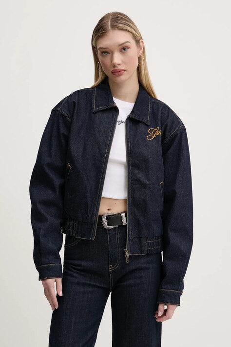 Guess Originals geaca jeans culoarea albastru marin, de tranzitie, oversize, W5RG44 D4XY0