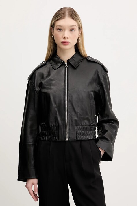 HUGO geacă de piele culoarea negru, de tranzitie, oversize, 50536938