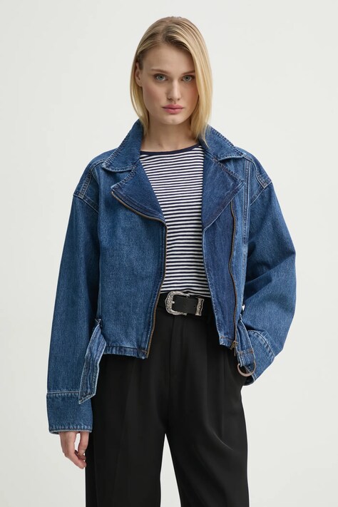 Levi's geaca jeans BIKER JACKET H125 culoarea albastru marin, de tranzitie, oversize, 001T8