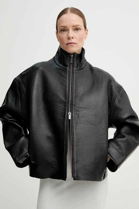 Remain geacă de piele culoarea negru, de tranzitie, oversize, 502882100