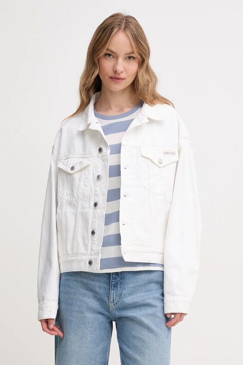 Bavlněná bunda Calvin Klein Jeans bílá barva, oversize, J20J225181