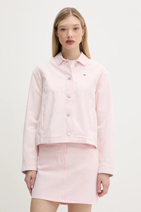Bavlněná bunda Tommy Jeans růžová barva, přechodná, DW0DW20230