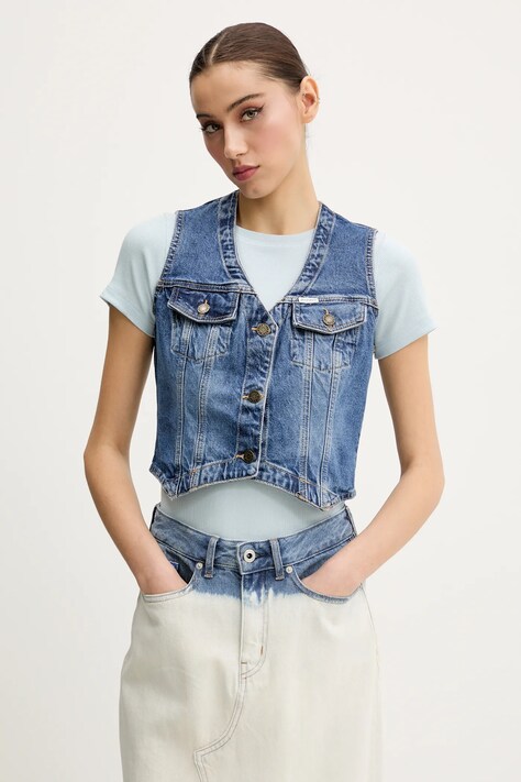 Guess Jeans vestă din denim culoarea albastru marin, un singur rand de nasturi, W5GN74 D5M46