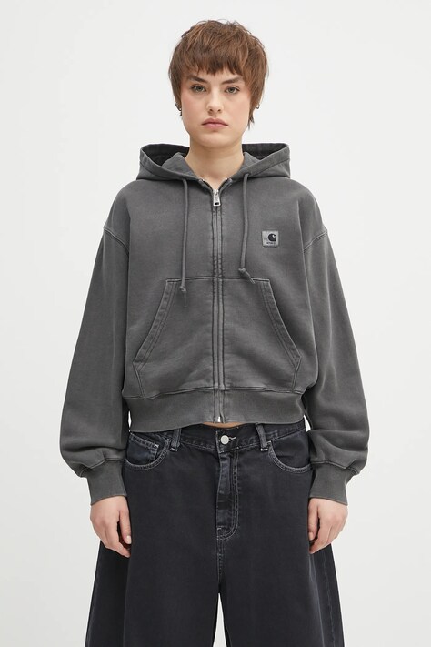 Bavlněná mikina Carhartt WIP Hooded Nelson Jacket dámská, šedá barva, s kapucí, s aplikací, I033830