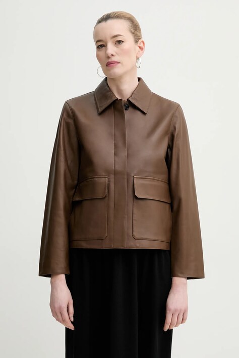 Шкіряна куртка Theory колір коричневий перехідна P0100405