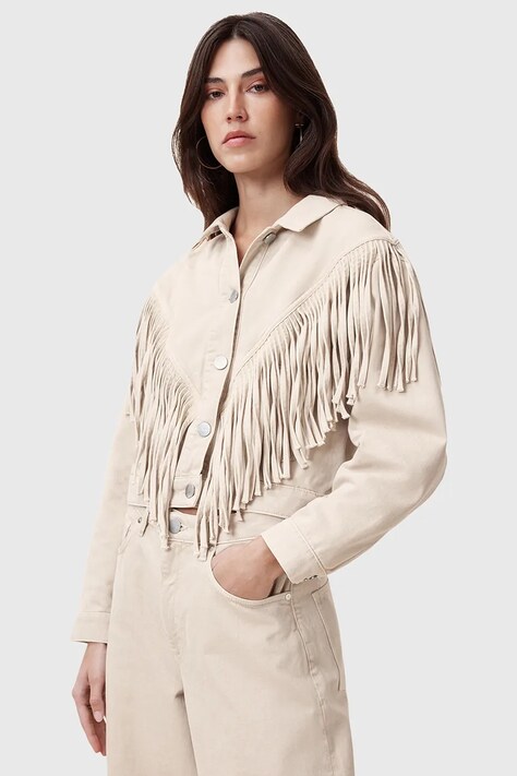 AllSaints kurtka bawełniana MARLENE FRNGE kolor beżowy przejściowa W057OC