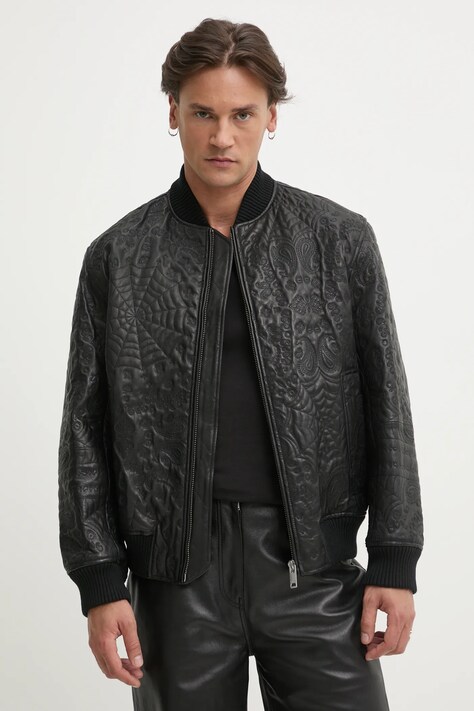 HUGO geaca bomber de piele barbati, culoarea negru, de tranzitie, 50530821