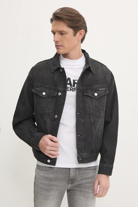 Calvin Klein Jeans geacă din denim bărbați, culoarea negru, de tranziție, oversized, J30J327024
