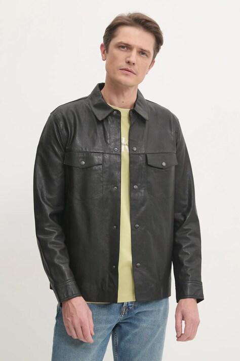 Pepe Jeans geaca de piele MOORE V2 barbati, culoarea negru, de tranzitie, PM403059