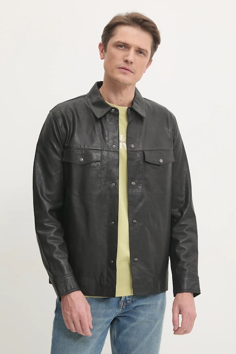 Kožená bunda Pepe Jeans MOORE V2 pánská, černá barva, přechodná, PM403059