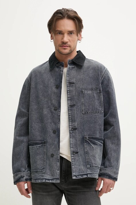 PURPLE BRAND geaca jeans WORKWEAR ROYALTIES CANVAS culoarea gri, de tranzitie, oversize, P080-WJDB125
