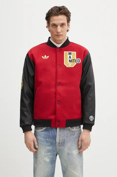Bomber jakna s primjesom vune adidas Originals Manchester United VRCT za muškarce, boja: crvena, za prijelazno razdoblje, oversize, JF0366