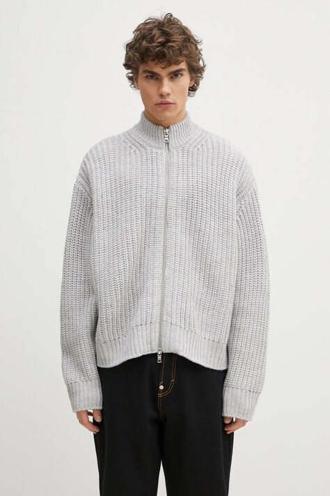 Kardigán s prímesou vlny MKI MIYUKI ZOKU Chuky Rib Knit Track Jacket pánsky, šedá farba, CHUKY.RIB.KNIT.TRACK.GR