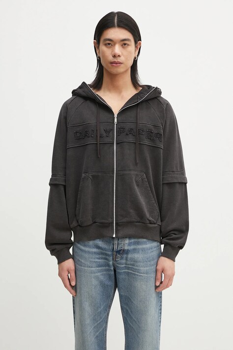 Daily Paper bluza bawełniana Garment Wash Jacket męska kolor czarny z kapturem gładka 2511009
