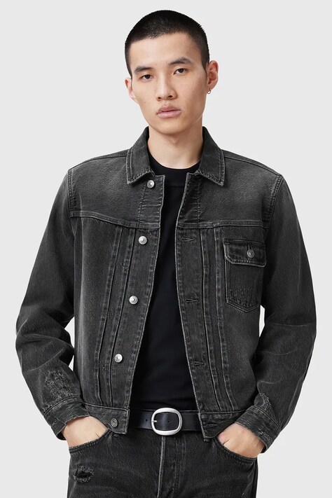 Džínová bunda AllSaints JAYGER černá barva, přechodná, M014OC