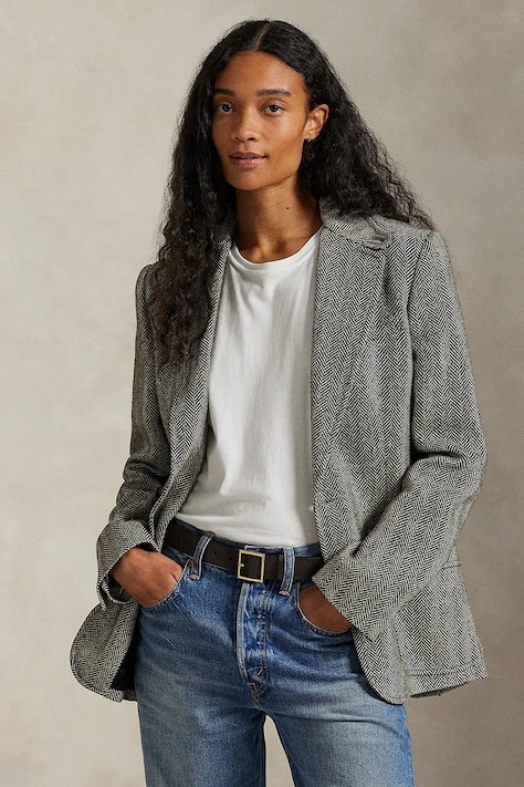 Polo Ralph Lauren marynarka jednorzędowa damska z lnem czarna 211891070