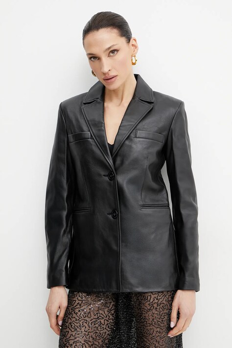 Pinko sacou de piele culoarea negru, un singur rand de nasturi, uni, 104189 A2EP