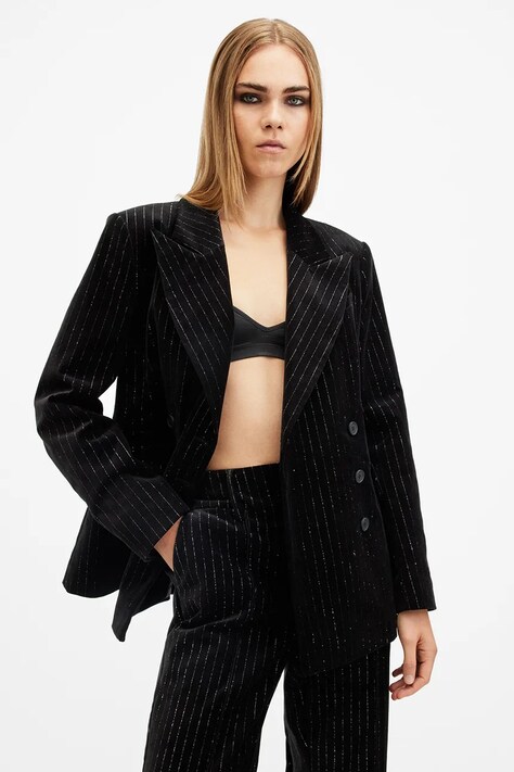AllSaints sacou din bumbac SEVENH culoarea negru, cu doua randuri de nasturi, W026QB