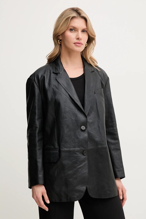 Weekend Max Mara kurtka skórzana kolor czarny przejściowa oversize 2515441031600