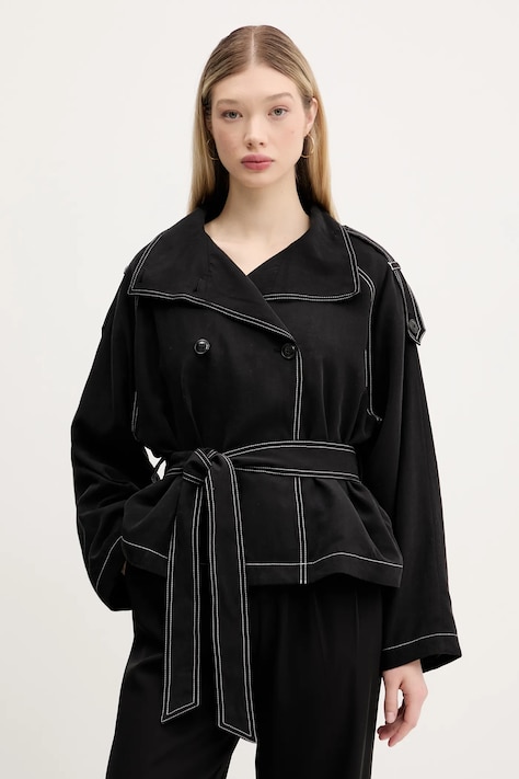 HUGO palton cu un amestec de in femei, culoarea negru, de tranzitie, oversize, 50536642