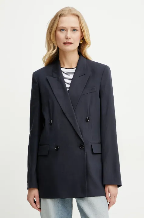 BOSS sacou de in culoarea albastru marin, cu doua randuri de nasturi, neted, 50537956