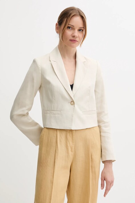 Ľanové sako United Colors of Benetton béžová farba, jednoradové, jednofarebné, 2AGHDW037