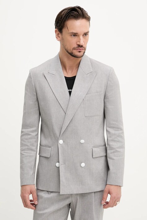 HUGO blazer din amestec de in barbati, culoarea gri, 50538161