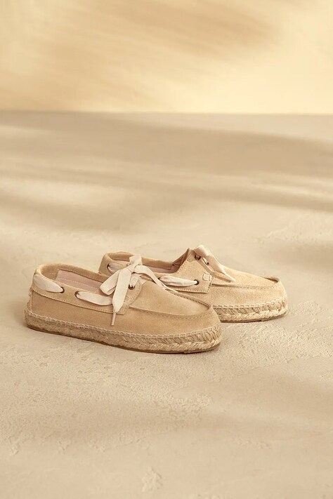 Manebi mocasini din piele întoarsă Hamptons Boat-Shoes Espadrilles femei, culoarea bej, cu toc plat, K 1.1 KW