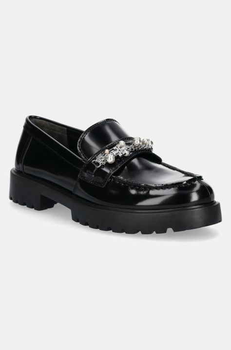 Кожени мокасини Tory Burch Classic Embellished Lug Loafer в черно с равна подметка 165828-006