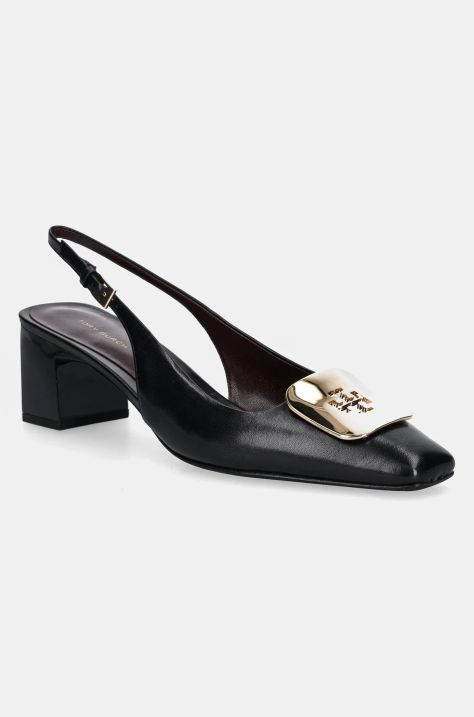 Кожени обувки с дебел ток Tory Burch Georgia Slingback в черно с дебел ток с отворена пета 156479-006