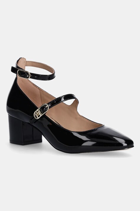 Tommy Hilfiger pantofi de piele PUMP DOUBLE STRAP PATENT LEATHER culoarea negru, cu toc drept, FW0FW08566