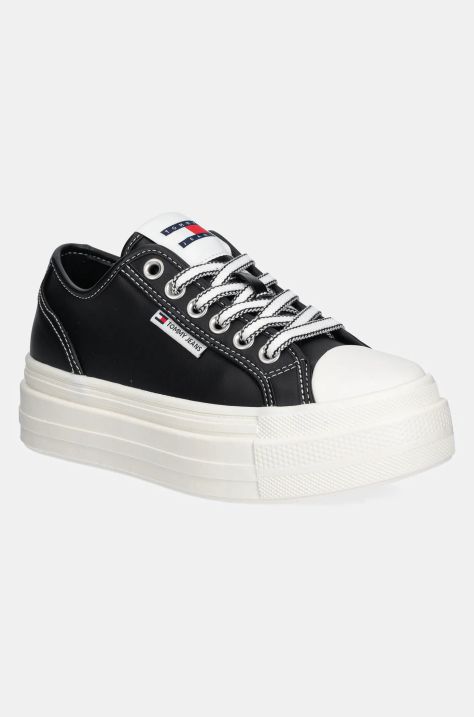 Kožené tenisky Tommy Jeans TJW FOXING VULC LC LEATHER dámske, čierna farba, EN0EN02714