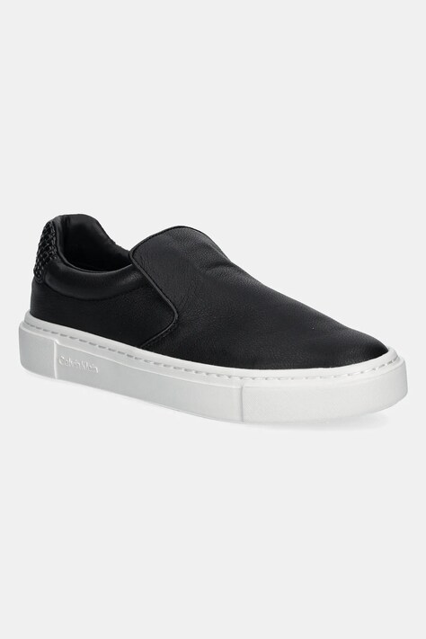 Calvin Klein tenisówki skórzane CUPSOLE SLIP ON - WOVEN LTH damskie kolor czarny HW0HW02297