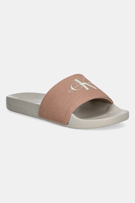 Calvin Klein Jeans papuci SLIDE MONOGRAM WMNS femei, culoarea bej, YW0YW01835